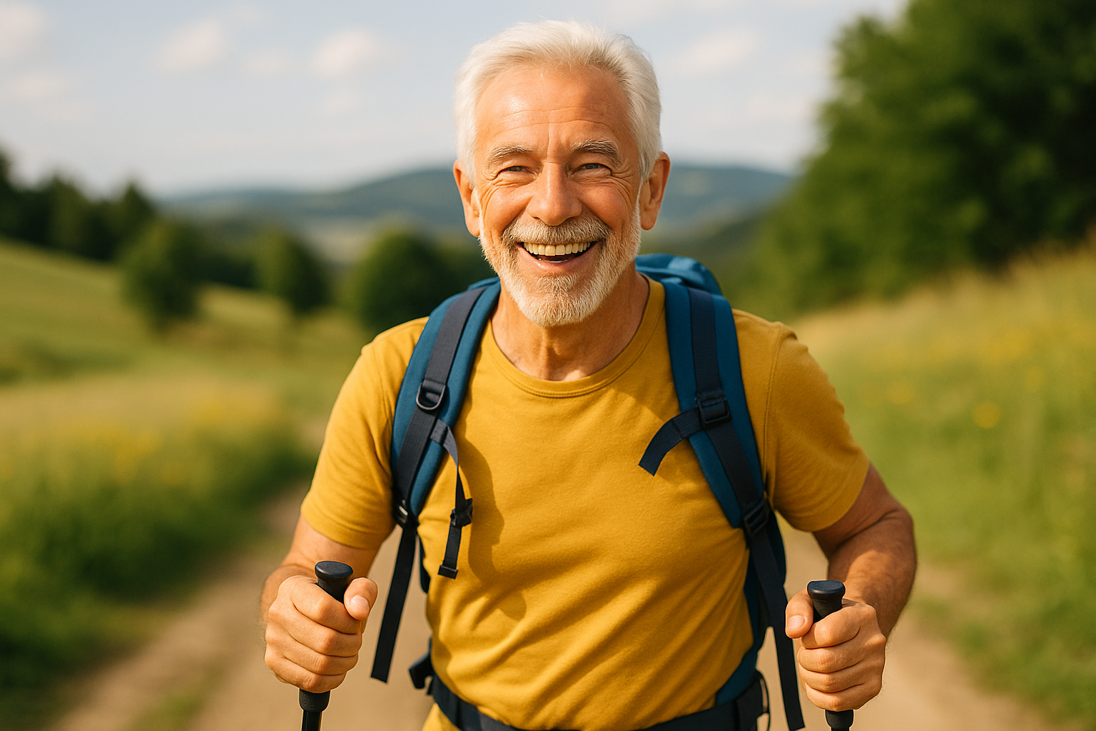 白髪の高齢者が若々しい笑顔で屋外で活動したり、ハイキングを楽しんでいる様子