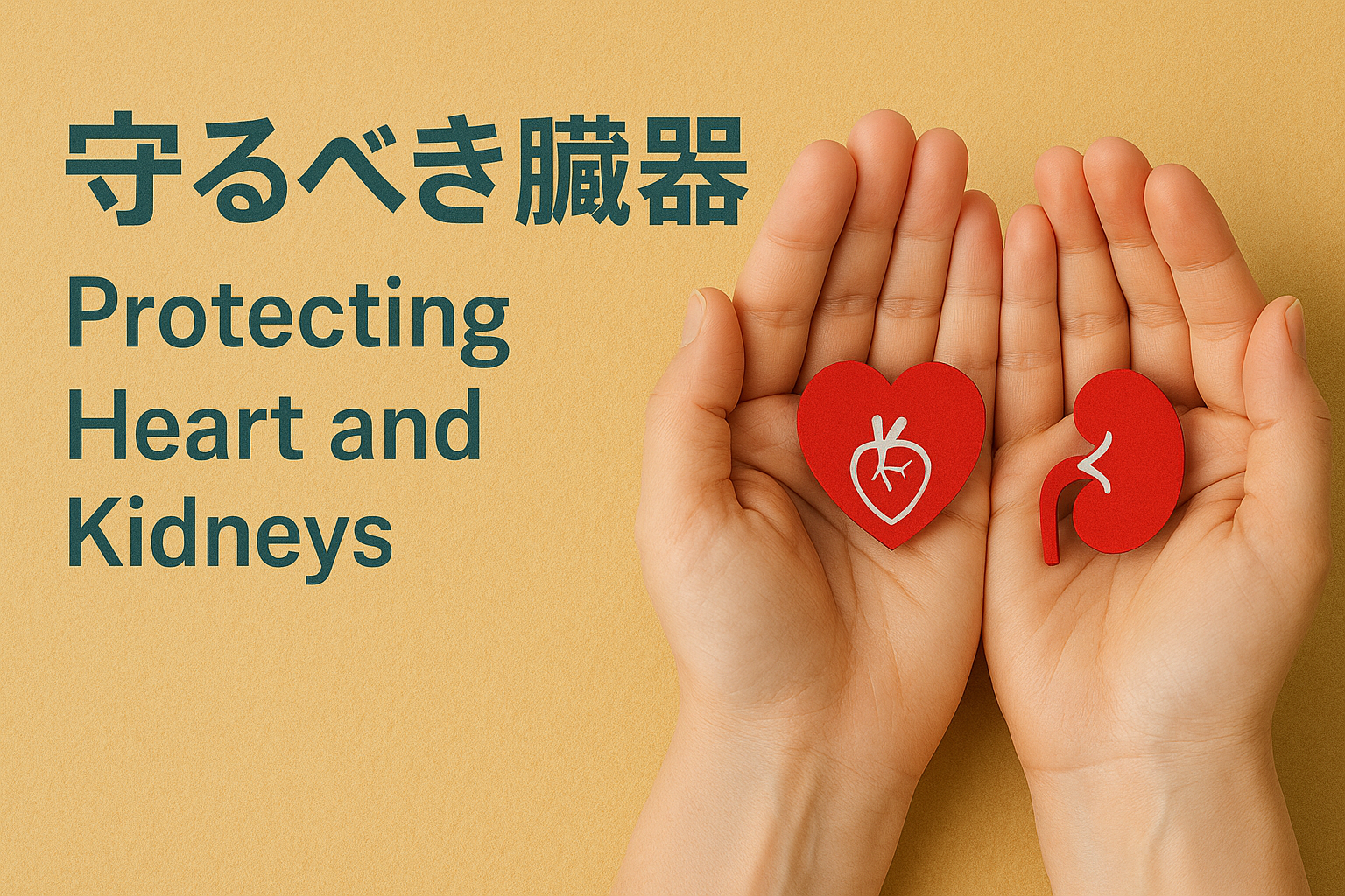 両手で心臓と腎臓のアイコンを優しく包み込み、大切に守っている様子を示すイラスト