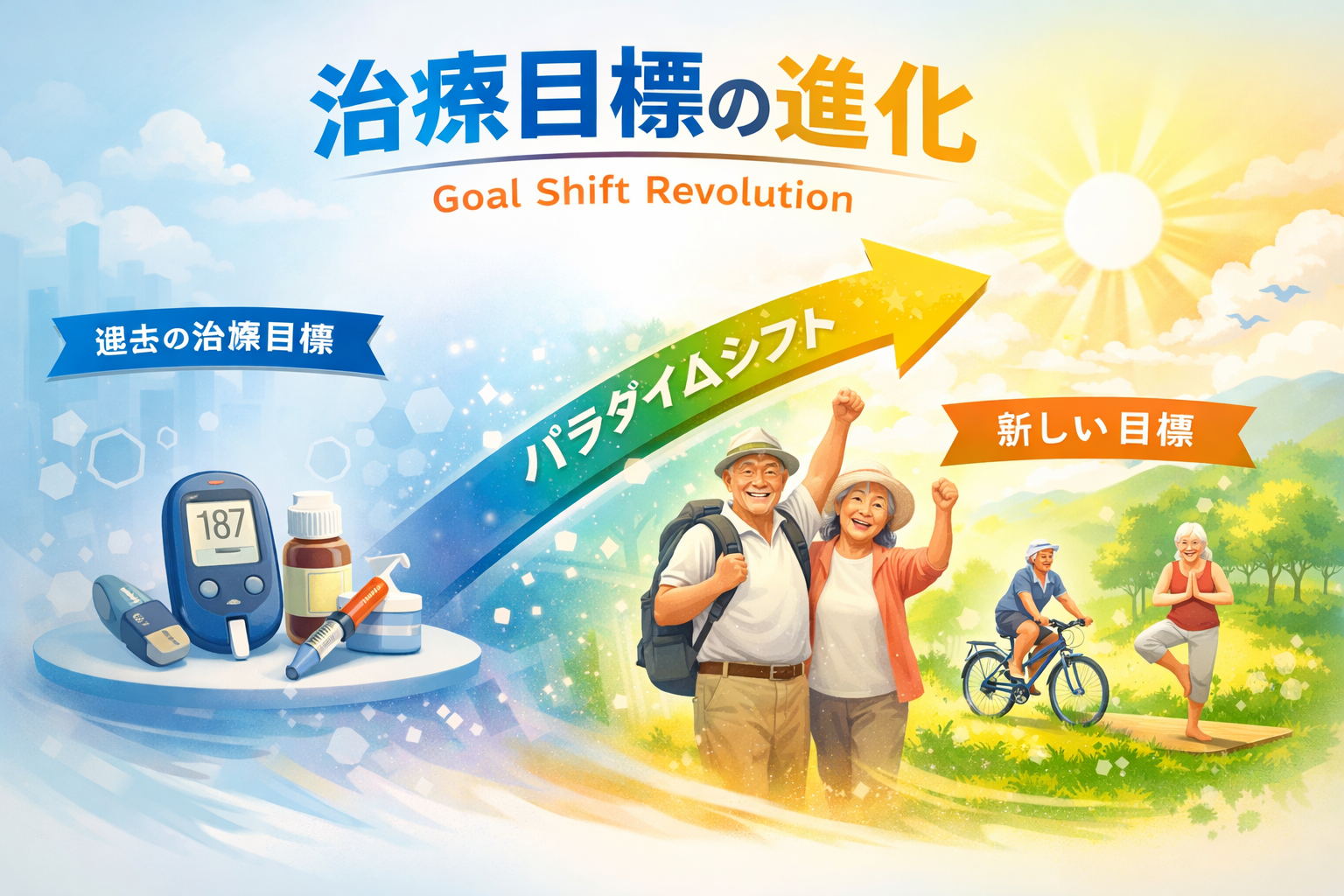 過去の治療目標（血糖測定器など）から、新しい目標（生き生きと走る高齢者）へ向かう矢印を抽象的に描いたパラダイムシフトのイメージ