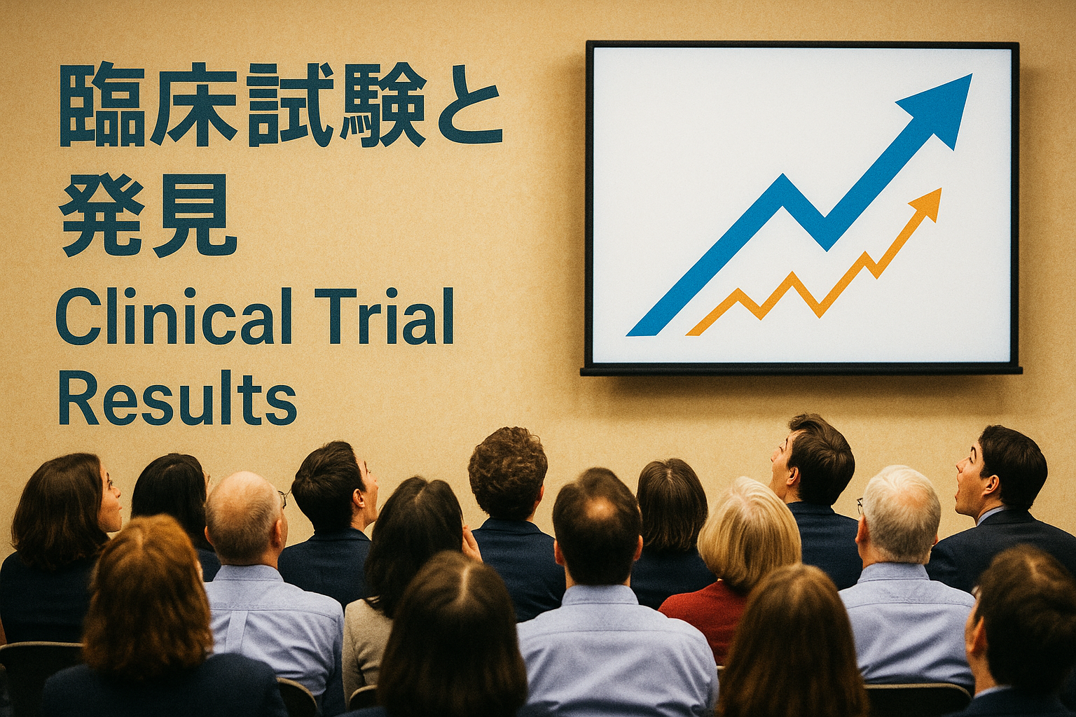 学会会場で、劇的なデータが映し出されたスクリーンを、驚きと感嘆の表情で見つめる聴衆の後ろ姿